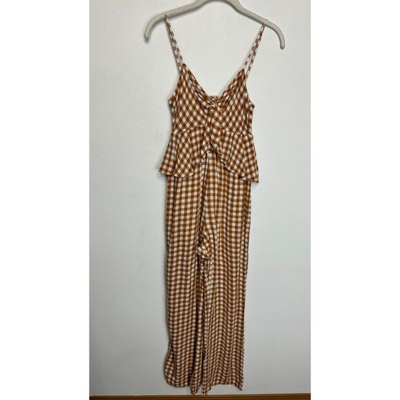 SAYLOR XS Laken Gingham Jumpsuit In Apricot Peplum Top V-Neck Ruffle Knot Front - Picture 4 of 16